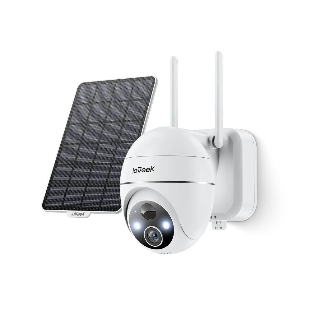 White pan and tilt dome camera with two antennas on a wall bracket, next to a separate black solar panel