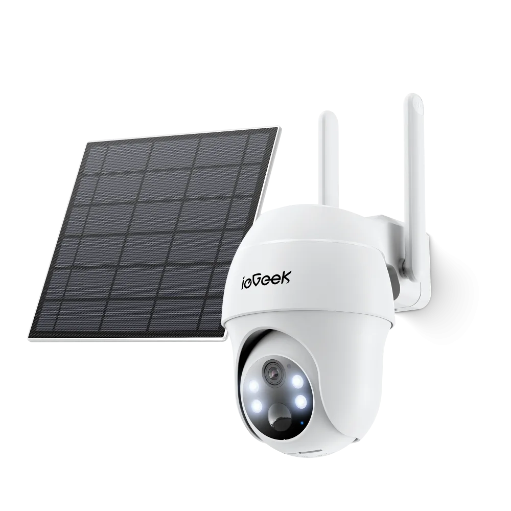White pan and tilt camera with two antennas beside a black solar panel, visually almost identical to the WiFi model
