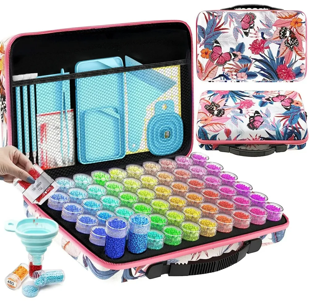 Open zippered storage case with a floral print, holding about sixty small round screw top jars of coloured drills in a foam base, with tools in the lid pocket