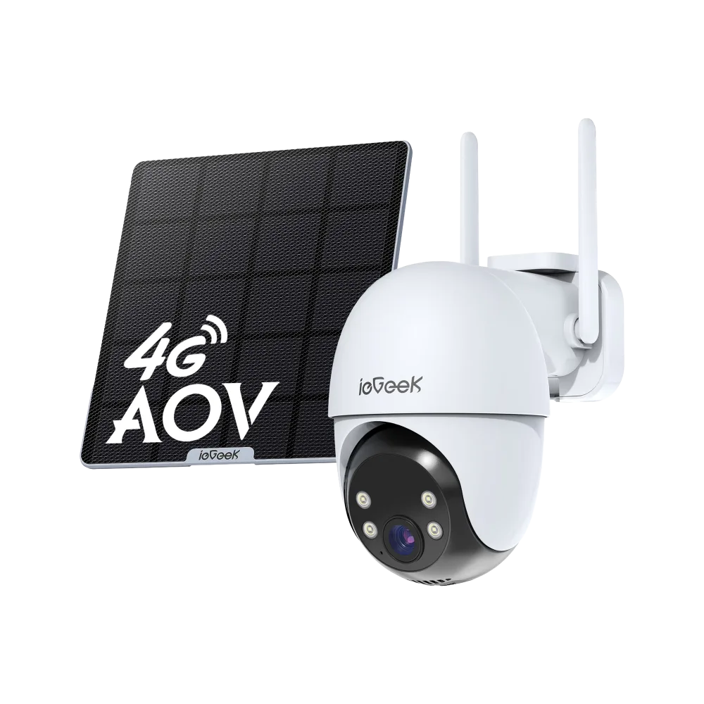 Pan and tilt camera with a dark lens band of multiple sensors, next to a solar panel printed with the words 4G AOV