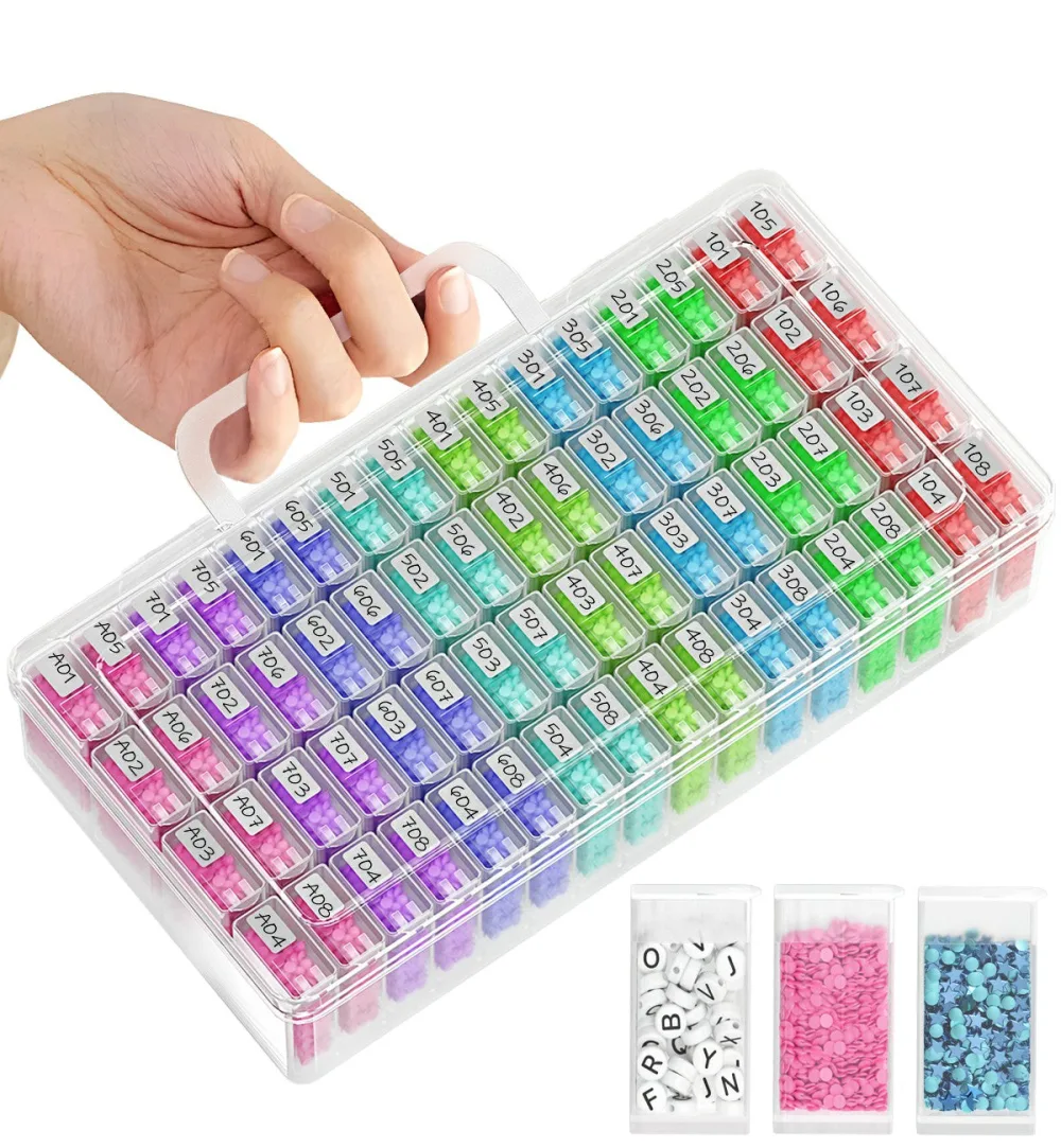 Clear carry box with a handle holding sixty four small rectangular flip top containers of coloured drills, each labelled with a colour number