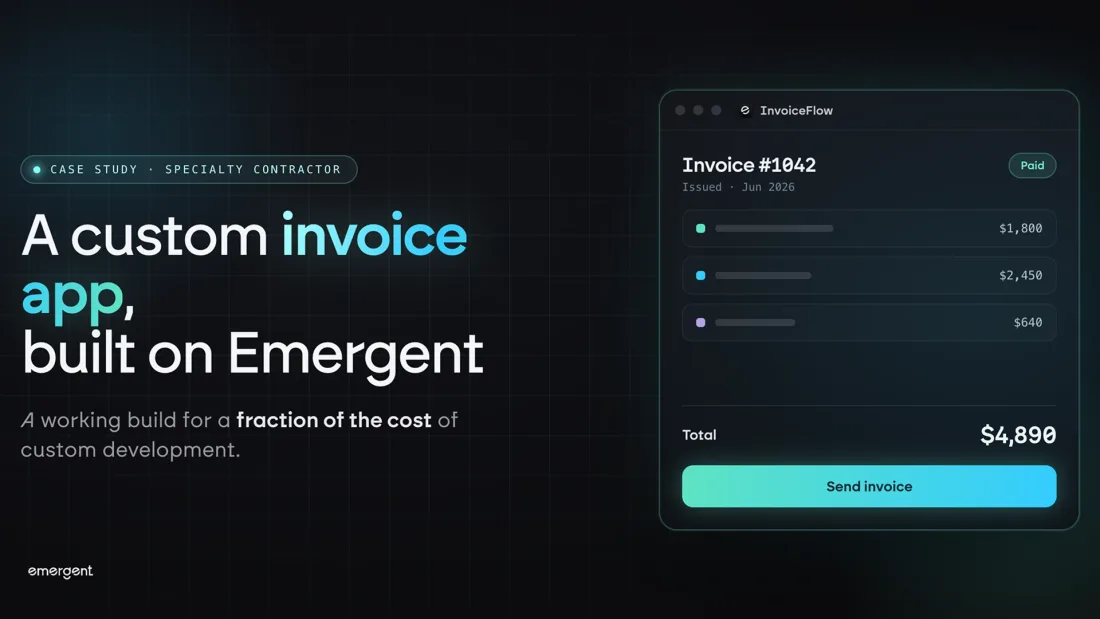 Dark case study card for a custom invoice app, with a mock invoice interface showing line items, a total and a send invoice button