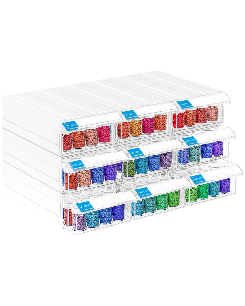 Three stacks of clear plastic drawers, each drawer pulled open to show rows of round screw top bottles filled with coloured drills