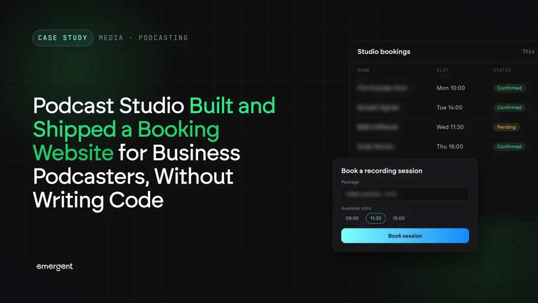 Dark case study card for a podcast studio booking website, with a mock bookings list and a panel for booking a recording session
