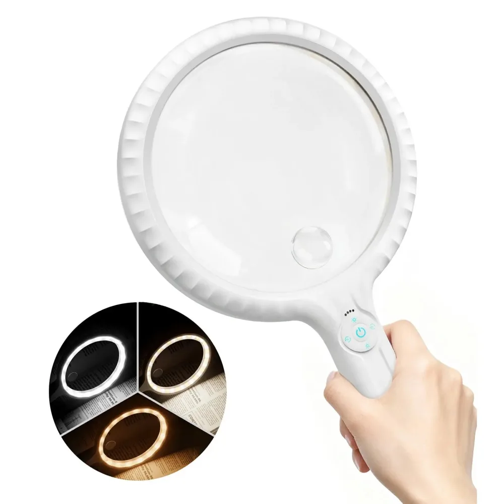 Handheld round magnifying glass with a lit rim and a power button on the handle, with an inset showing three light colour settings