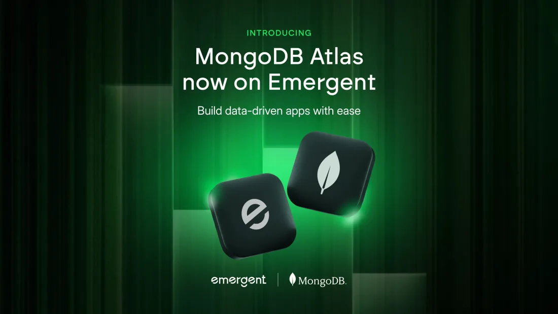 Announcement graphic on a green background reading MongoDB Atlas now on Emergent, with the Emergent and MongoDB logos below it