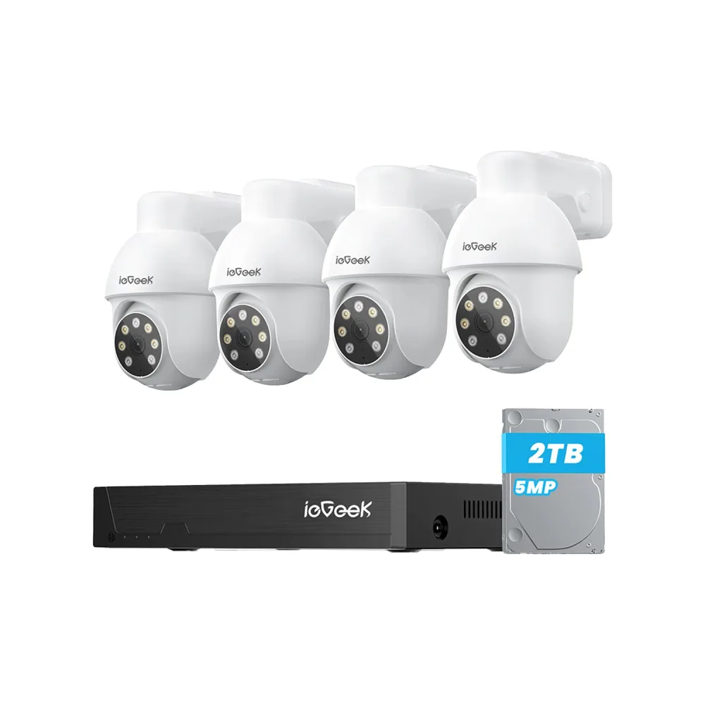 Four white pan and tilt cameras arranged behind a black recorder box, with a hard drive graphic labelled 2TB and 5MP