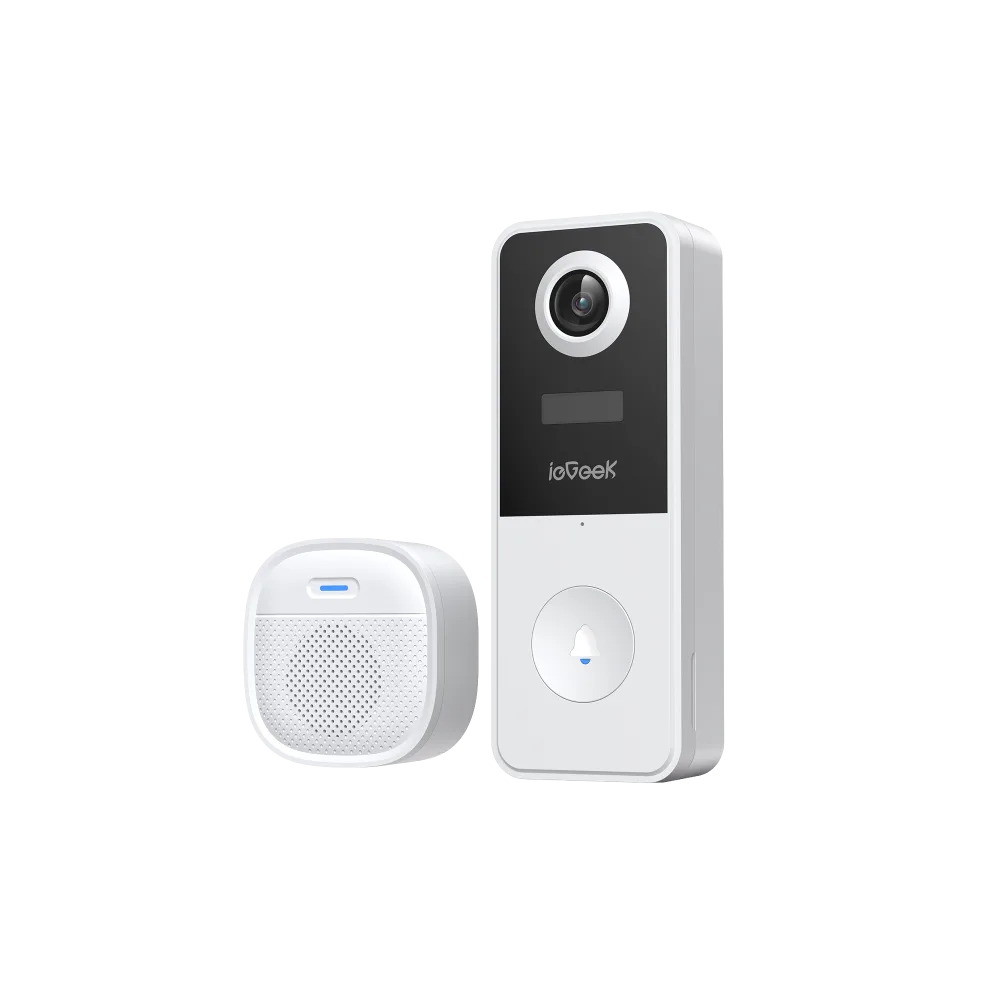 White video doorbell with a lens at the top and a round press button, shown beside a separate white plug in chime