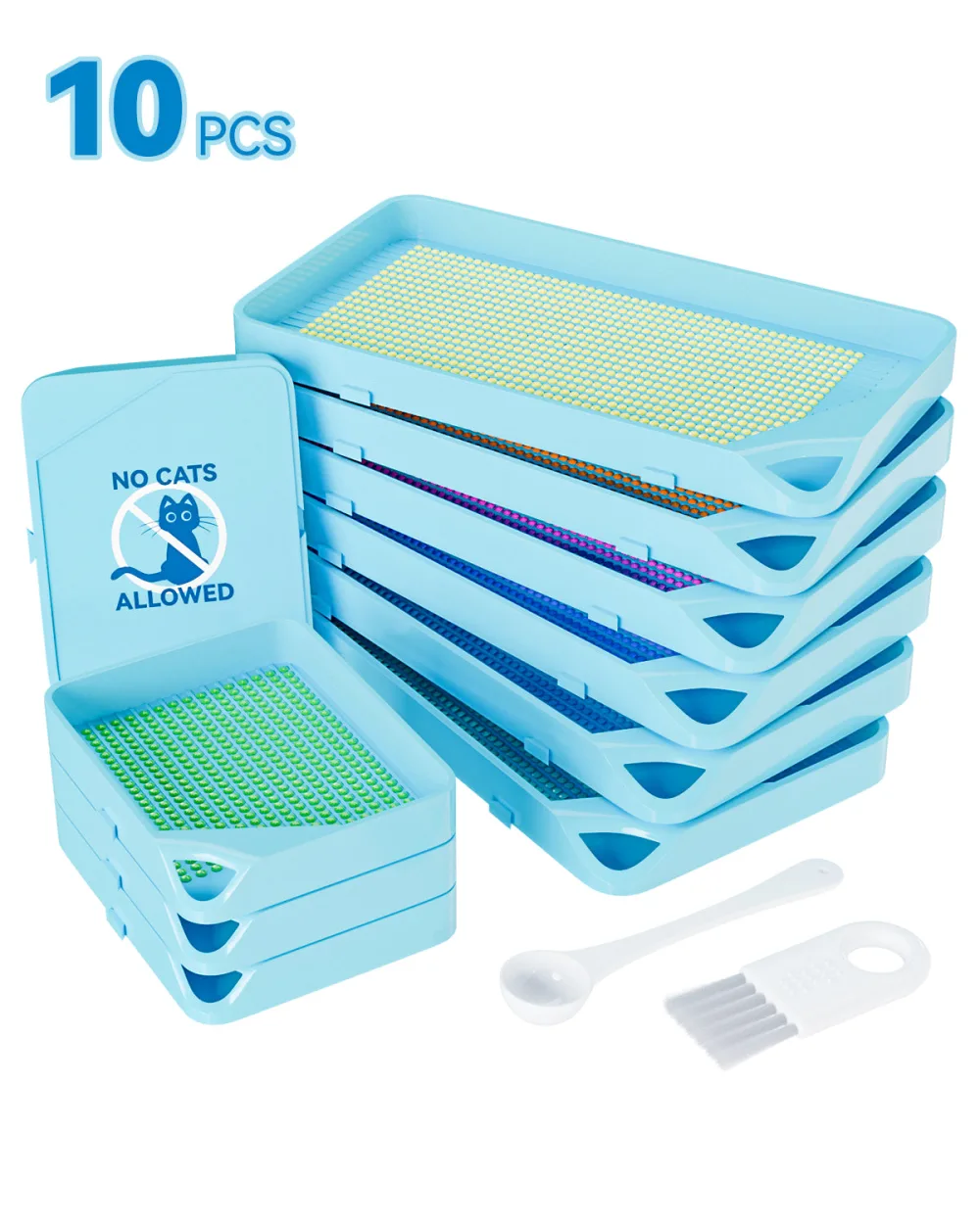 Ten light blue grooved drill trays stacked and fanned out, one fitted with a lid printed No Cats Allowed, beside a small spoon and a brush