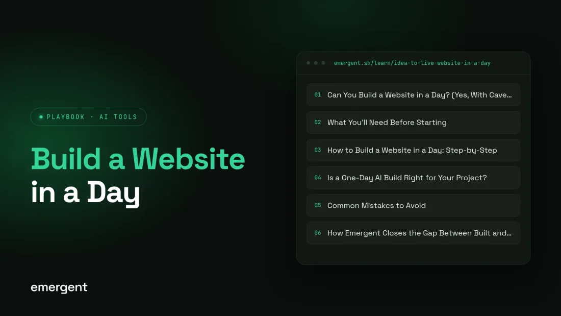 Dark article thumbnail reading Build a Website in a Day, beside a panel listing the sections of the article