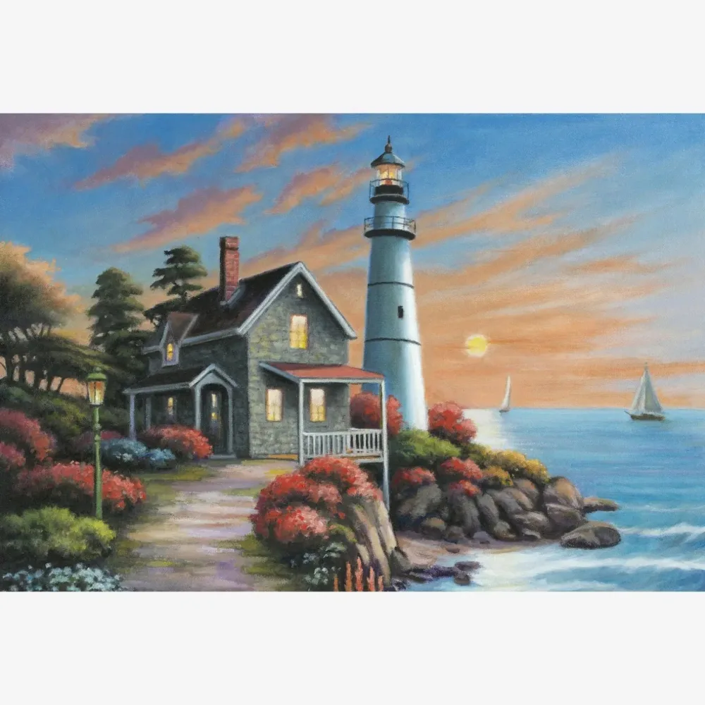 Artwork design of a lighthouse beside a stone cottage at sunset, with flowering shrubs, a lamp lit path and two sailboats on the water