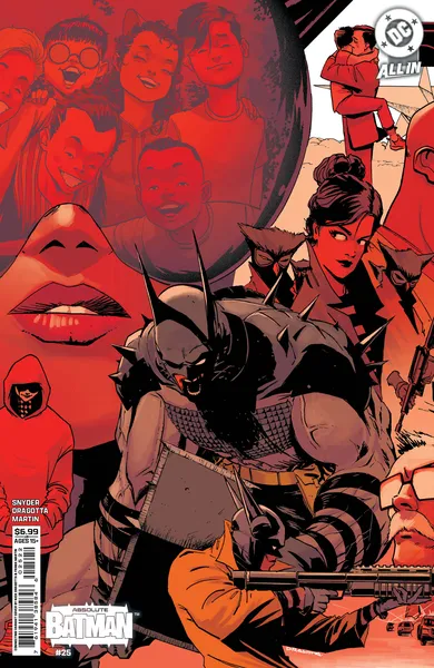 Cover of Absolute Batman issue 26, Batman crouching in a grey and black suit with a spiked cape among red tinted figures, carrying the DC All In logo and a $6.99 cover price