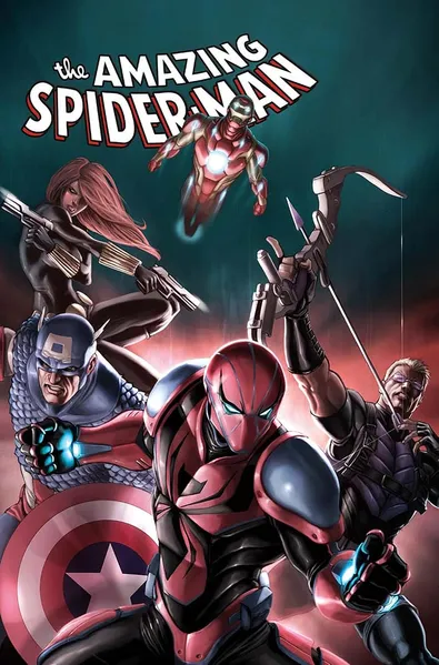 Cover of Amazing Spider-Man Amazing Visions issue 1, Spider-Man in a red and blue armoured suit in front of Captain America, Black Widow, Iron Man and Hawkeye