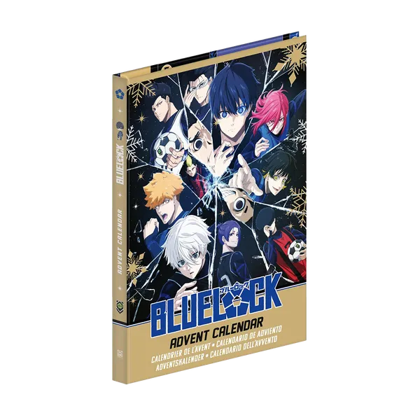 The Blue Lock advent calendar box, a dark blue package showing the series' footballers around a cracked football, with snowflakes and gold trim