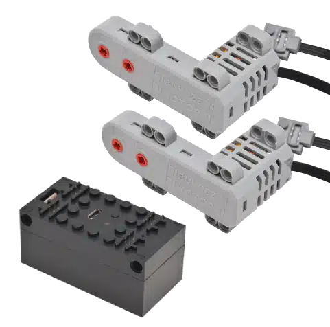 Best Bluetooth Battery Hubs for LEGO Technic: Power Functions and Powered Up Upgrades 3 A black BuWizz hub with LEGO studs on top and a charging port on the side, shown next to two light grey BuWizz Motors with their cables