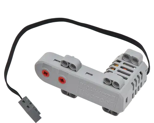 Best Bluetooth Battery Hubs for LEGO Technic: Power Functions and Powered Up Upgrades 4 A single BuWizz Motor, a light grey LEGO compatible motor with an L shaped body, two red connector sockets on one end and a black cable with a Power Functions style plug