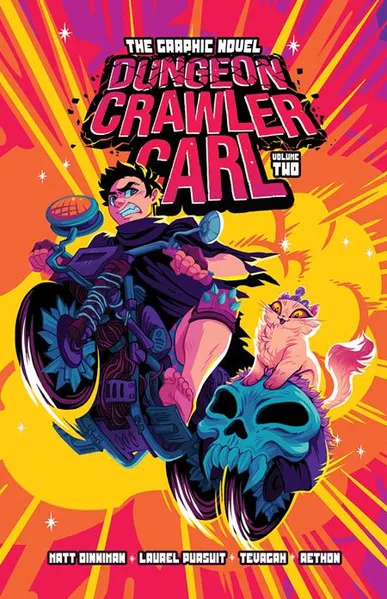 Cover of Dungeon Crawler Carl Volume Two, a bright pink and yellow illustration of a man on a motorbike beside a cat in a small crown standing on a blue skull