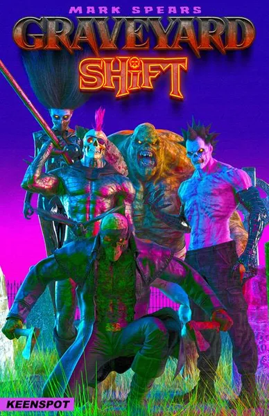 Cover of Mark Spears Graveyard Shift issue 1, a group of monsters and zombies advancing through a graveyard under a purple and green sky, with the Keenspot logo