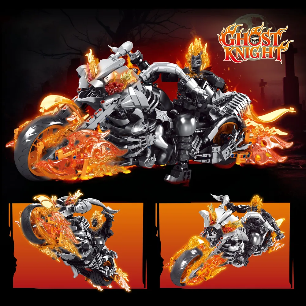 A brick built flaming skeleton rider on a silver motorbike with translucent orange flame pieces, under the title Ghost Knight