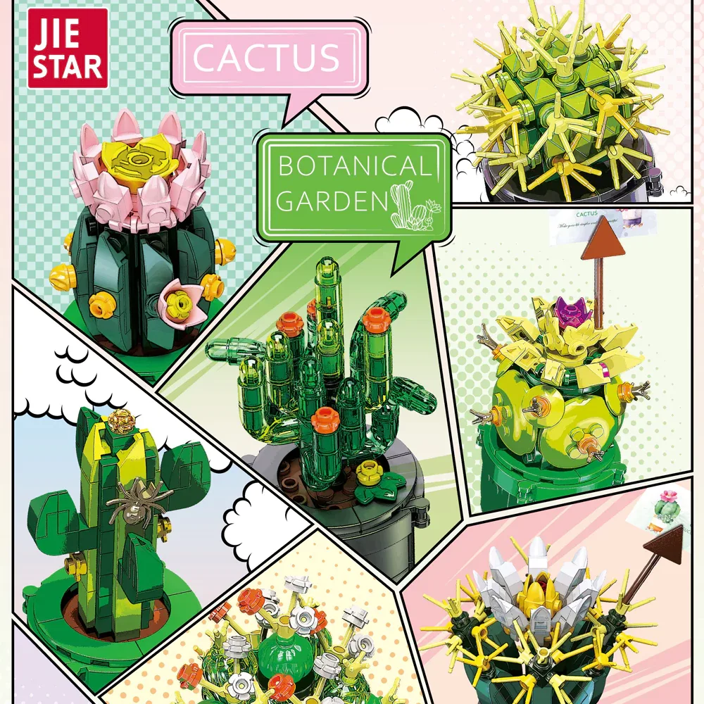 A comic panel collage showing several brick built potted cacti in different species and colours, with the JieStar logo and the words Cactus Botanical Garden