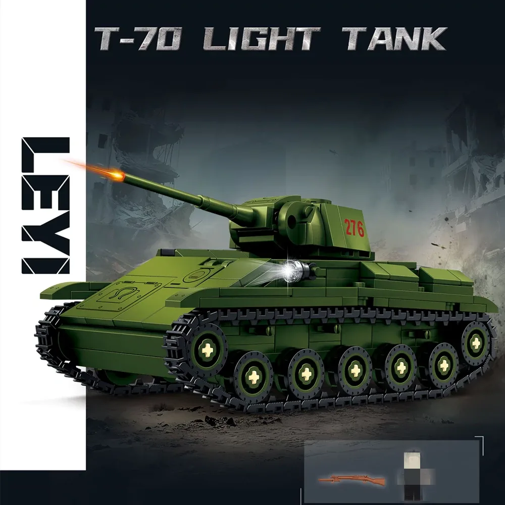 A green brick built Soviet T-70 light tank with tracked wheels and the number 276 on the turret, carrying the Leyi brand name