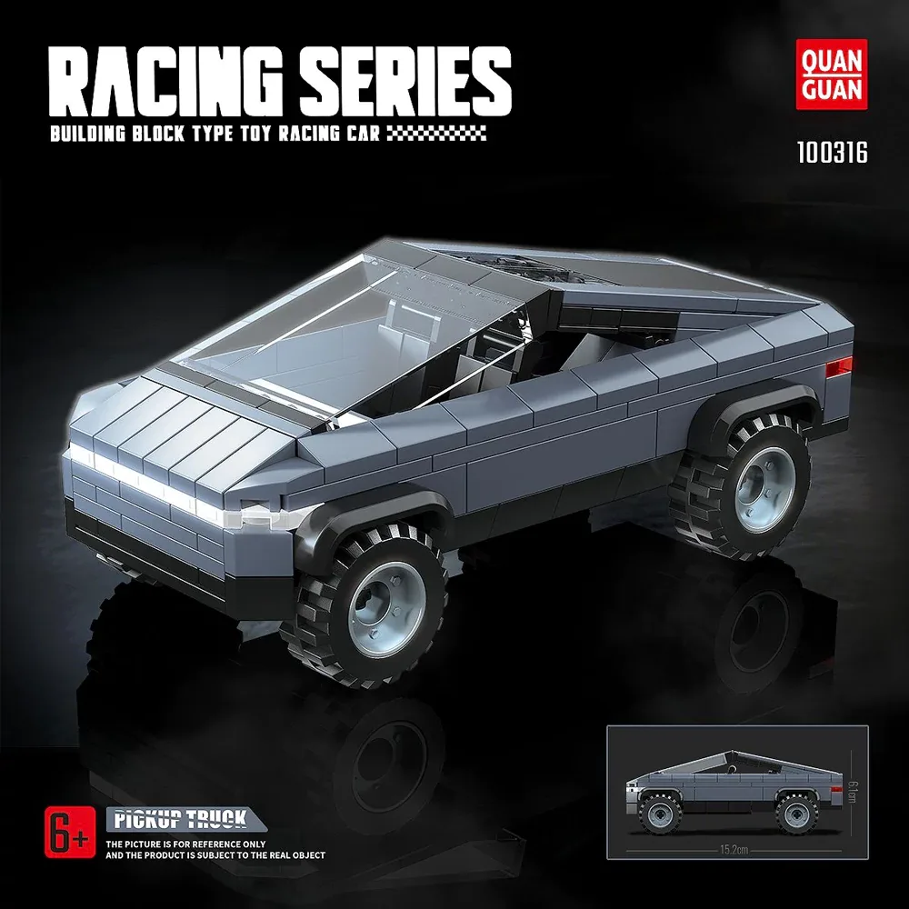 An angular grey brick built pickup truck modelled on a Cybertruck shape, on black packaging artwork reading Racing Series and Pickup Truck with the Quanguan logo