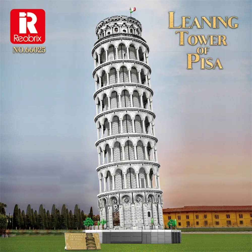 A brick built model of the Leaning Tower of Pisa in white and grey, standing on a green base with an Italian flag at the top, carrying the Reobrix logo and set number 66025