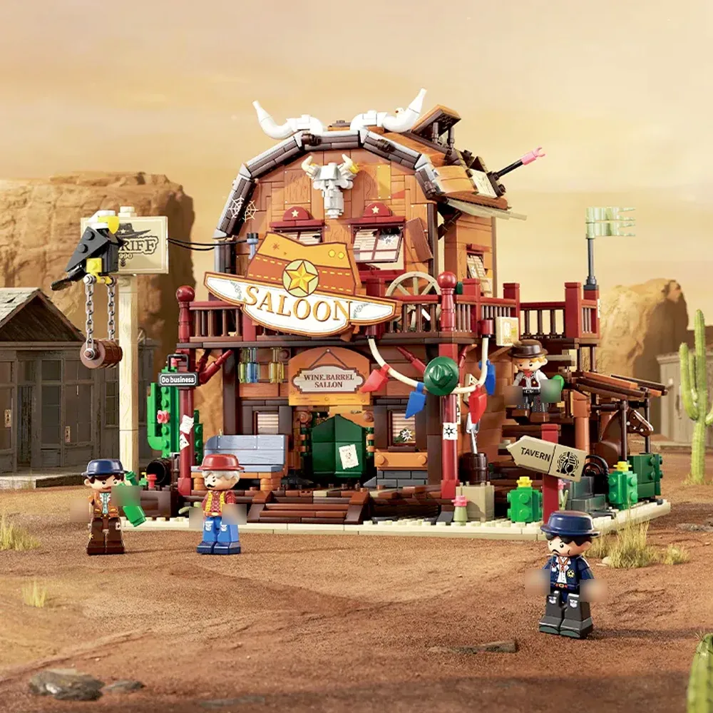 A brick built western saloon with a Saloon sign over the porch, a sheriff sign on a post and four large figures standing outside, set against a desert backdrop