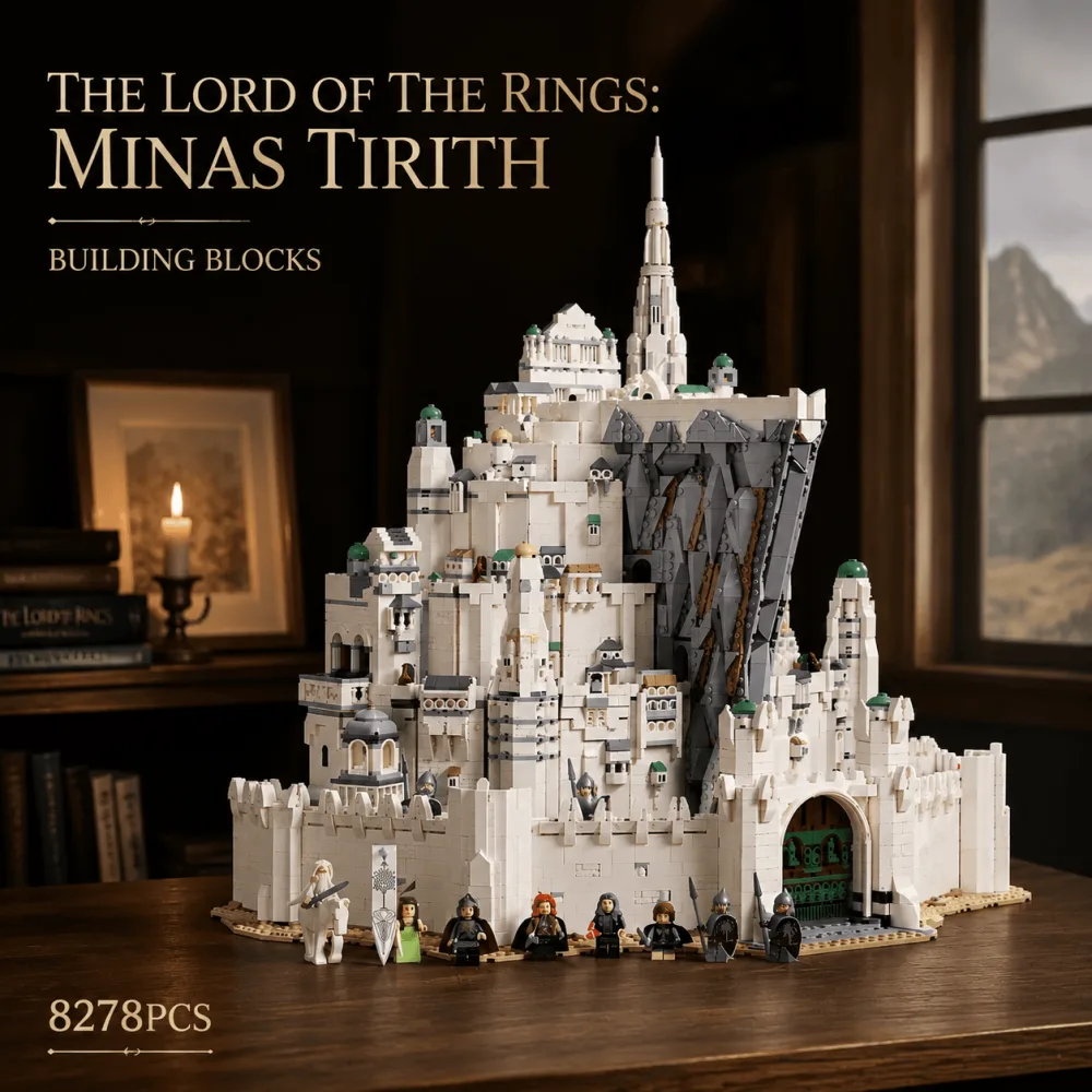 A large white brick model of Minas Tirith built in stacked tiers with a projecting stone spur, displayed on a wooden desk with nine minifigures lined up along the front