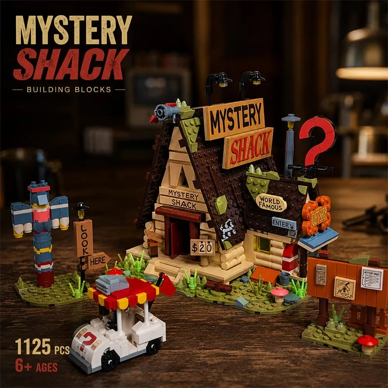 The Mystery Shack brick set, a brown A-frame cabin covered in painted signs with a totem pole, a question mark sign and a small red-roofed cart, on a dark wooden surface
