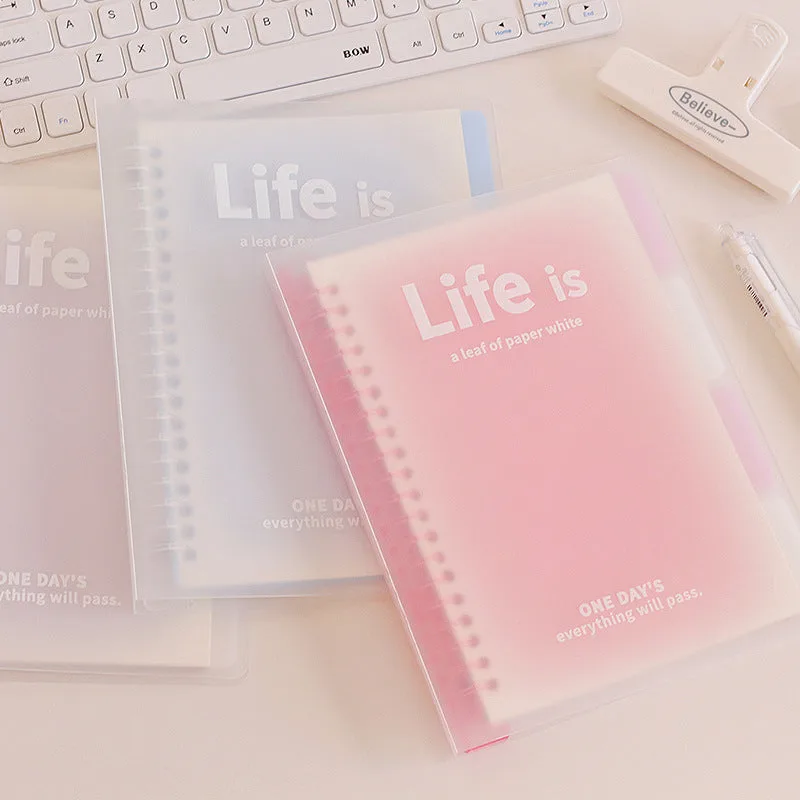 Best Journaling Supplies and Aesthetic Stationery: How to Build a Complete Kit in 2026 5 Three loose-leaf ring notebooks with frosted translucent covers reading Life is a leaf of paper white, in pink and clear finishes, stacked on a desk beside a keyboard