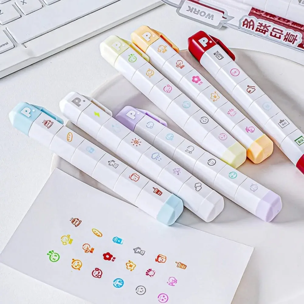 Best Journaling Supplies and Aesthetic Stationery: How to Build a Complete Kit in 2026 8 Four multi-segment stamp pens in pastel colours, each barrel divided into small stamp sections, with a sheet showing the printed stamp motifs in front