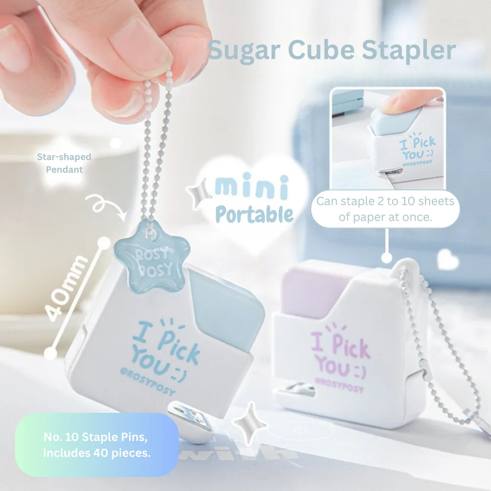Best Journaling Supplies and Aesthetic Stationery: How to Build a Complete Kit in 2026 9 Two Sugar Cube mini staplers in pale blue and lilac, each printed with I Pick You and hanging from a ball chain with a star-shaped pendant
