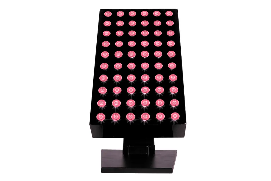 BON CHARGE Demi red light therapy device, a black rectangular panel of sixty lit red emitters on a small desk stand