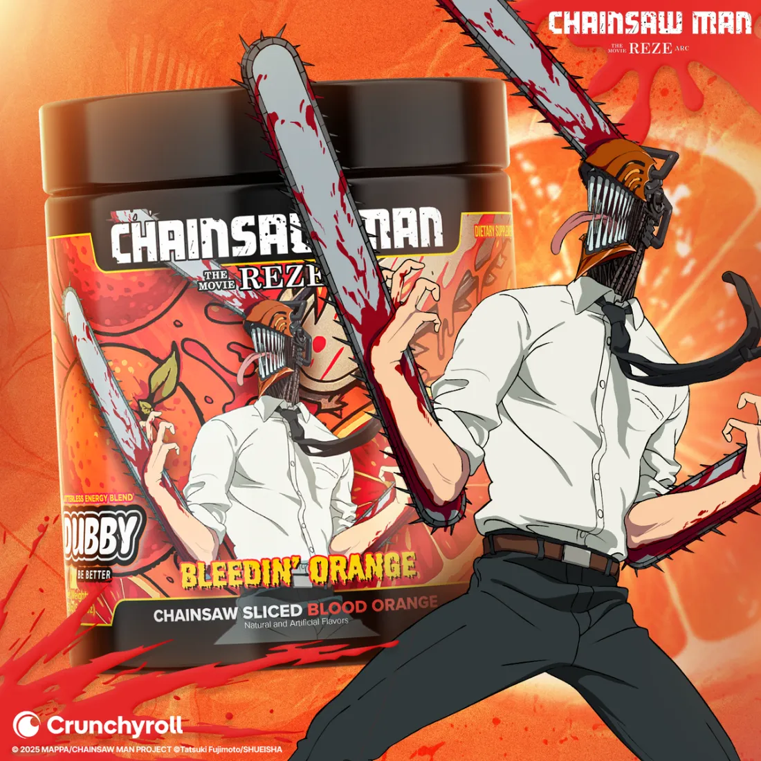 Dubby Bleedin' Orange tub from the Chainsaw Man Reze Arc collaboration, blood orange flavour, with Chainsaw Man illustrated beside it on an orange background