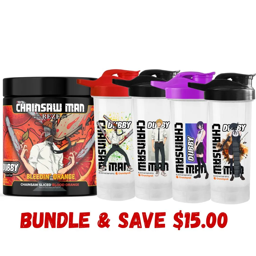 The Chainsaw Man collector bundle: the Bleedin' Orange tub with four character shaker cups showing Denji, Chainsaw Man, Reze and Bomb Girl, captioned bundle and save fifteen dollars