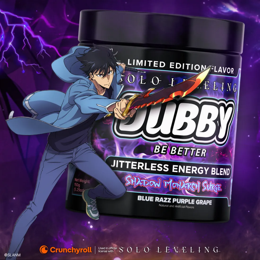 Dubby Shadow Monarch Surge tub from the Solo Leveling collaboration, a blue raspberry and purple grape slushie flavour