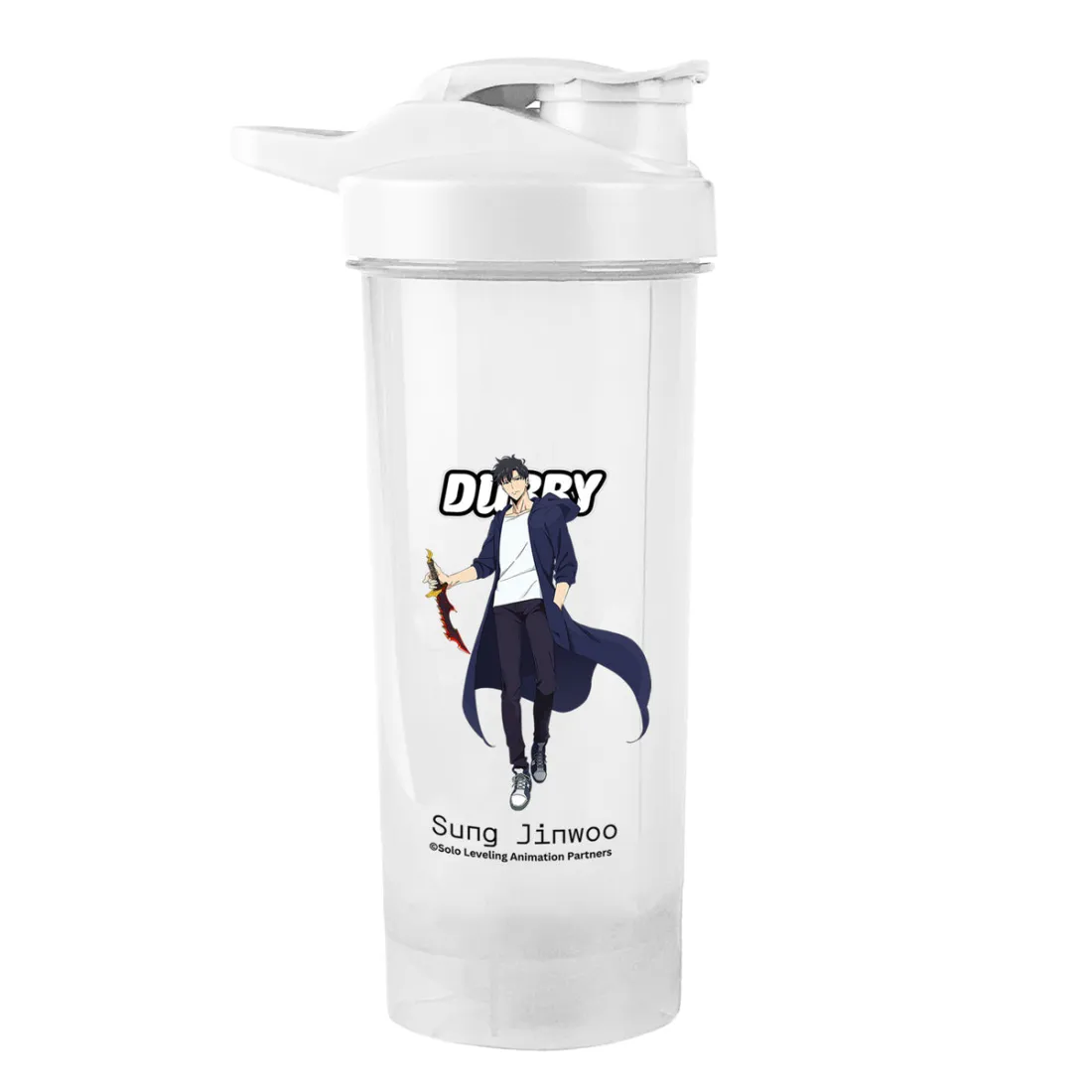 A Dubby 24oz shaker cup from the Solo Leveling range printed with Sung Jinwoo artwork