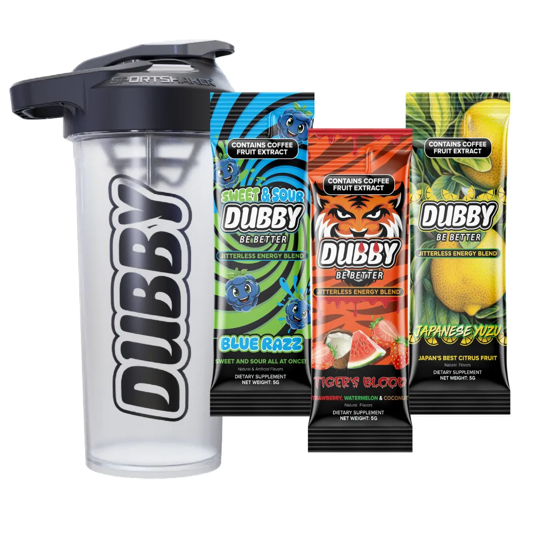 The Dubby Starter Sampler Pack: a clear Dubby shaker cup beside three single-serve sachets in Blue Razz, Tiger's Blood and Japanese Yuzu, each marked contains coffee fruit extract