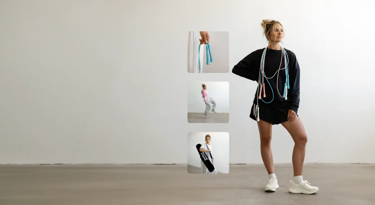 Best Jump Ropes for Double Unders: Speed Ropes, Cables and Sizing (2026) 4 A woman standing against a white wall with several pastel pink and blue PVC jump ropes draped around her neck, beside three smaller inset photos of the ropes in use