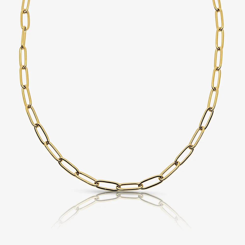 Best Waterproof Gold Jewelry Under $20: What Tarnish-Free Really Means 5 A gold paperclip link chain necklace with elongated oval links, photographed flat against a pale background