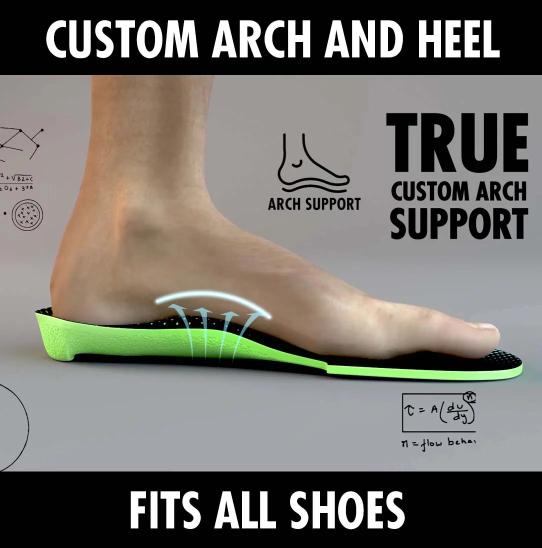 FP Insoles Review: Are These Custom-Molding Insoles Worth the Investment for Joint Protection? 7 A bare foot resting on a green FP insole seen from the side, with arrows marking where the arch is supported, captioned custom arch and heel