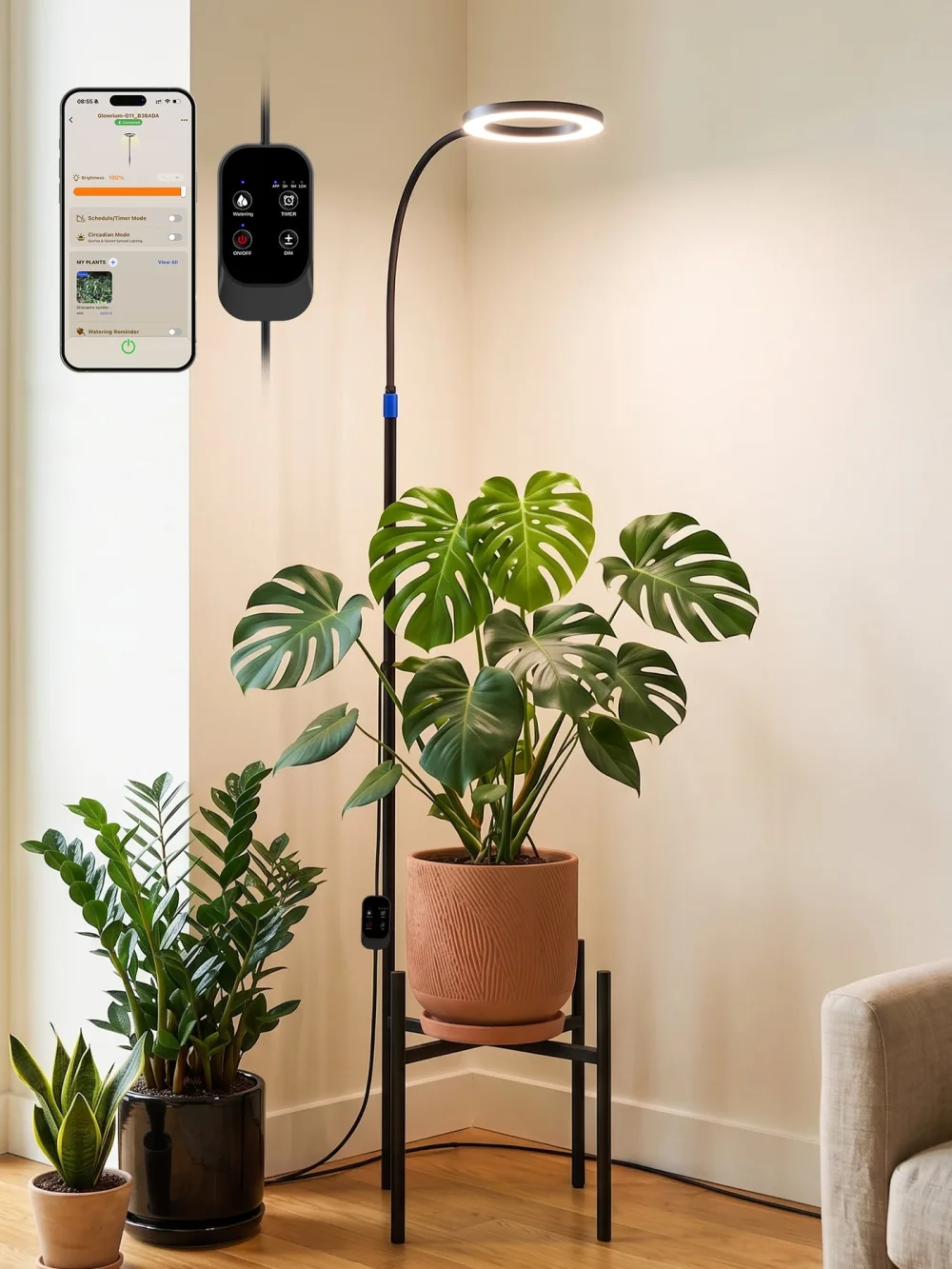 Glowrium G11 plant stand with an integrated ring grow light arching over a potted monstera in a room corner, with the inline touch controller and phone app shown alongside