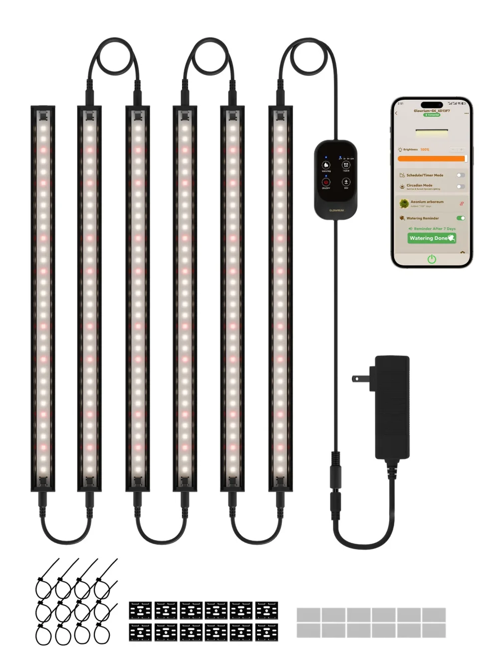 Glowrium G6 six-pack grow light kit laid out flat showing six LED strips with daisy-chain cables, an inline touch controller, power adapter, cable ties, mounting brackets and adhesive pads, beside a phone running the app