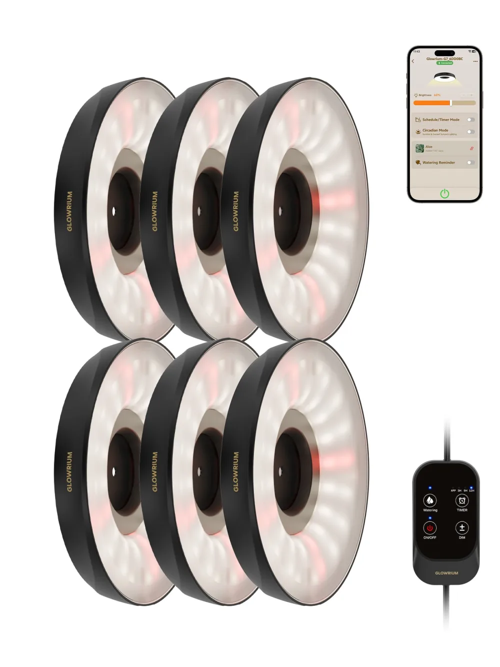 Glowrium G7 six-pack of circular puck grow lights arranged in two rows, shown with the inline touch controller and a phone displaying the app with brightness, timer, circadian mode and watering reminder settings
