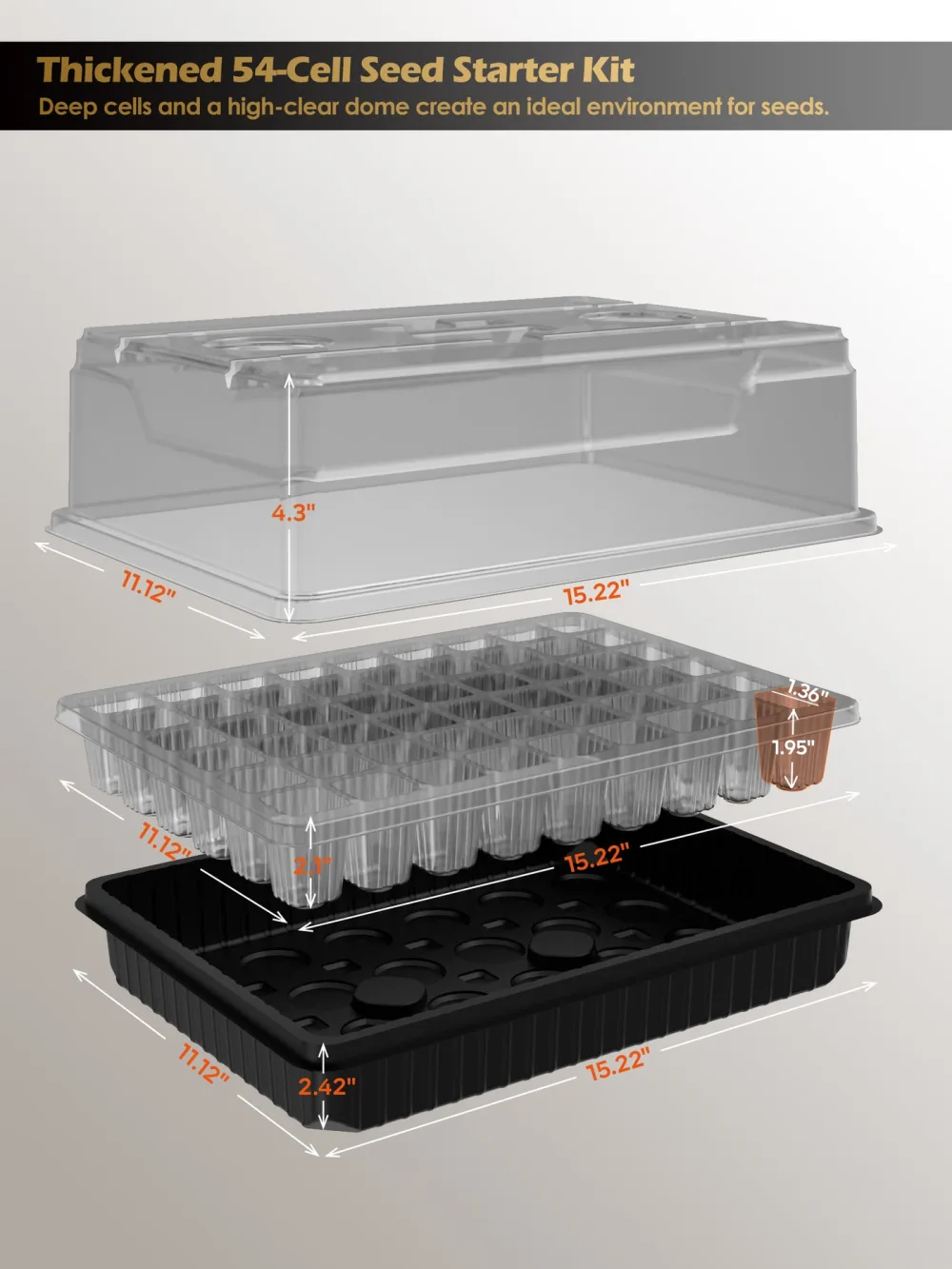 Exploded diagram of the Glowrium G9 seed starter kit showing the humidity dome, the 54-cell insert tray and the solid base tray, each labelled with dimensions in inches