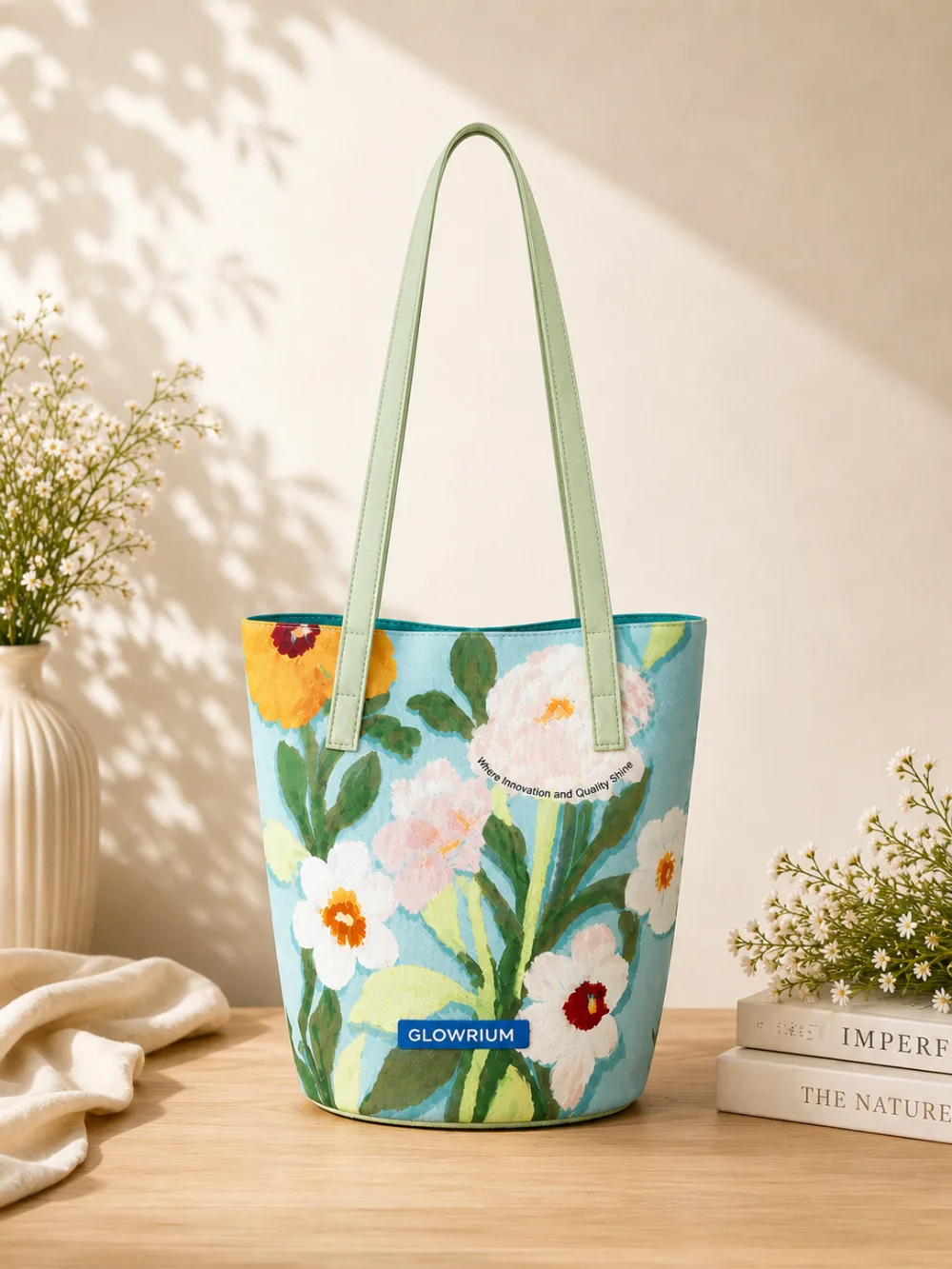 Glowrium floral canvas tote bag shown against a styled background of dried flowers and stacked books, with the book spine lettering rendered indistinctly