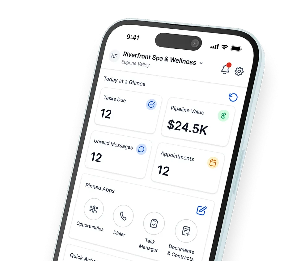 Best All-in-One Agency Tools on GoHighLevel: What Each Plan Really Costs 2 GoHighLevel mobile app on a phone showing tasks due, pipeline value, unread messages and appointments for a client account