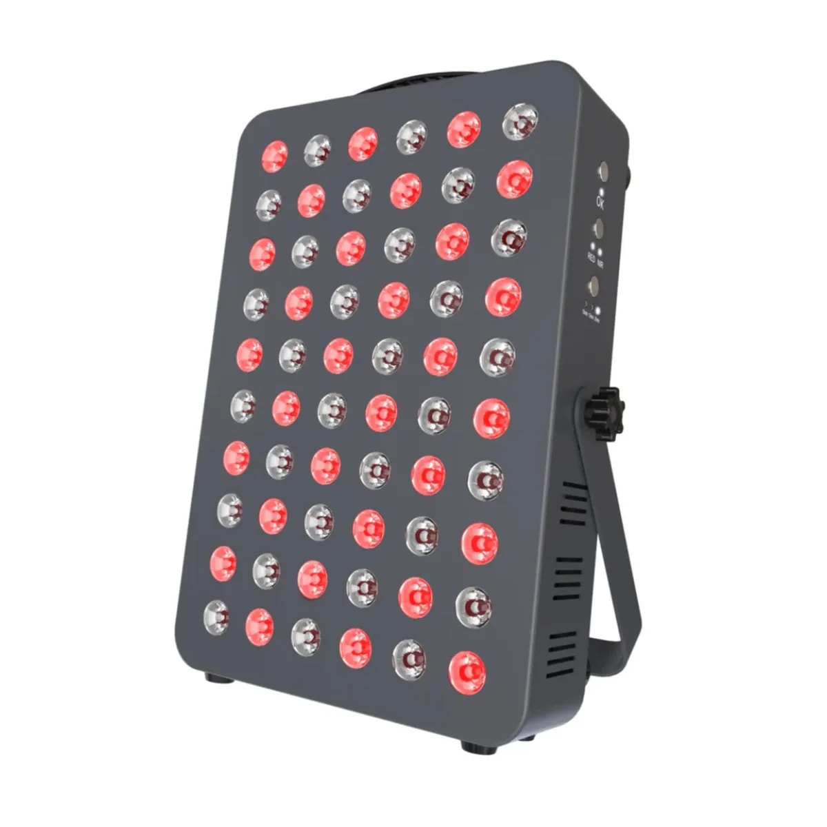 The Hooga HG300 panel angled on its kickstand, showing alternating red and clear LED lenses and three control buttons for power, wavelength and timer