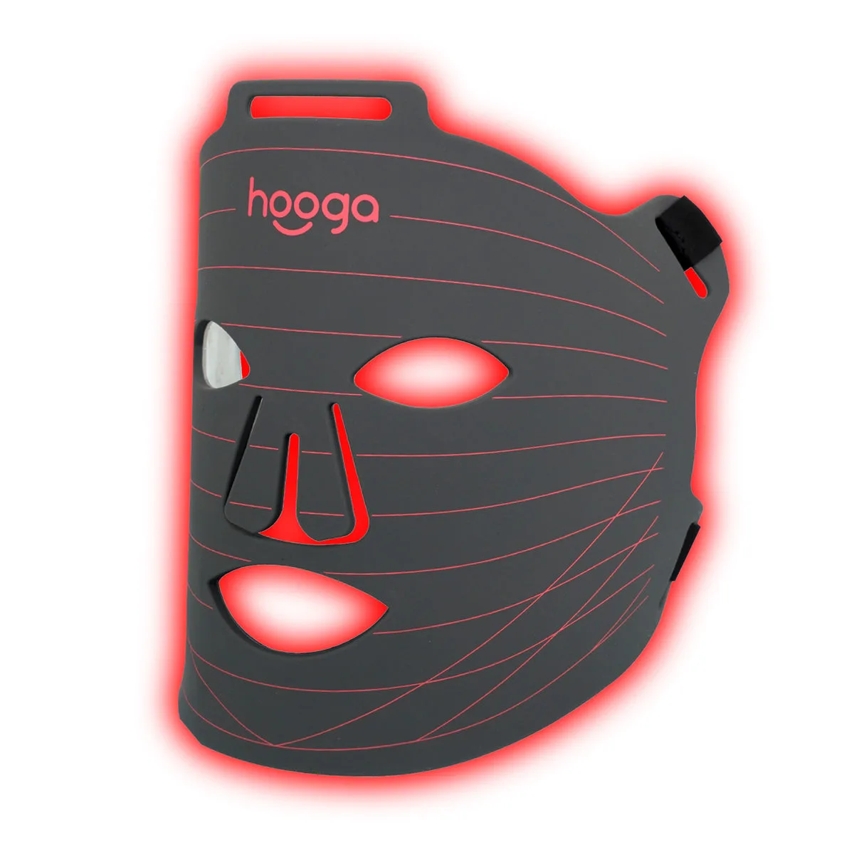 The Hooga LED face mask, a flexible dark grey silicone mask with openings for the eyes, nose and mouth, glowing red around the edges